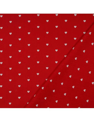 Tissu popeline de coton fantaisie - Cœurs blanc sur fond rouge