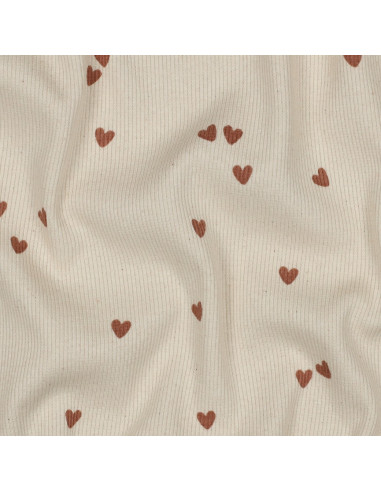 Tissu jersey coton maille côtelé - Cœurs naturel