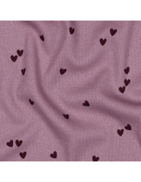 Tissu jersey coton maille côtelé - Cœurs mauve