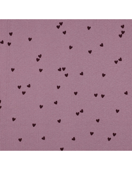 Tissu jersey coton maille côtelé - Cœurs mauve