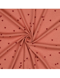 Tissu jersey coton maille côtelé - Cœurs corail