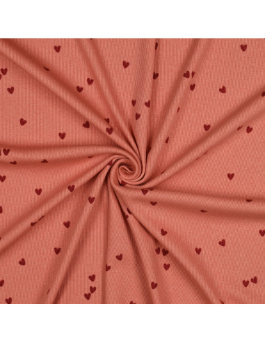 Tissu jersey coton maille côtelé - Cœurs corail