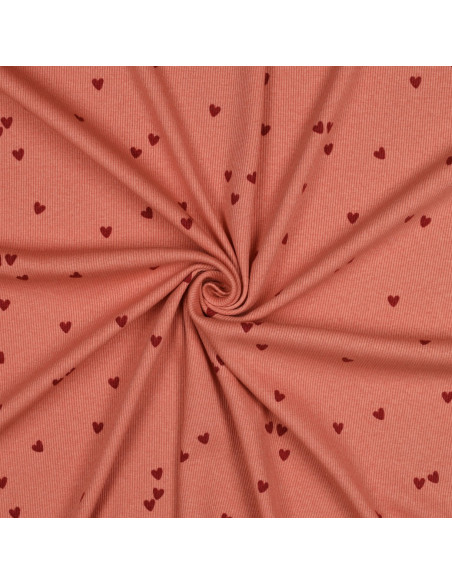 Tissu jersey coton maille côtelé - Cœurs corail