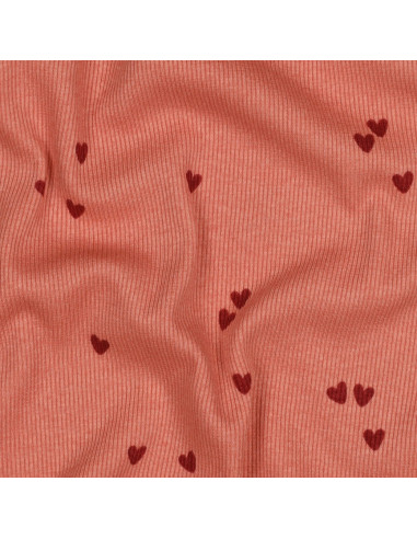 Tissu jersey coton maille côtelé - Cœurs corail
