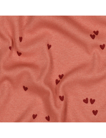 Tissu jersey coton maille côtelé - Cœurs corail