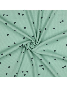 Tissu jersey coton maille côtelé - Cœurs sage