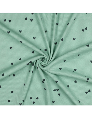 Tissu jersey coton maille côtelé - Cœurs sage