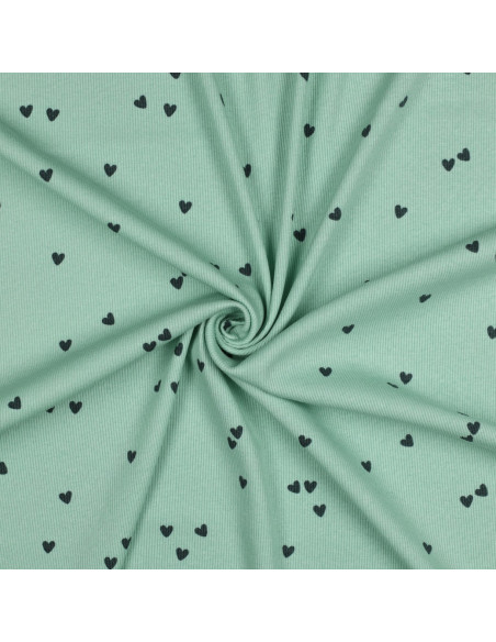 Tissu jersey coton maille côtelé - Cœurs sage
