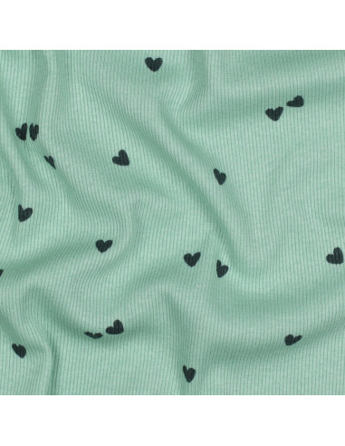 Tissu jersey coton maille côtelé - Cœurs sage