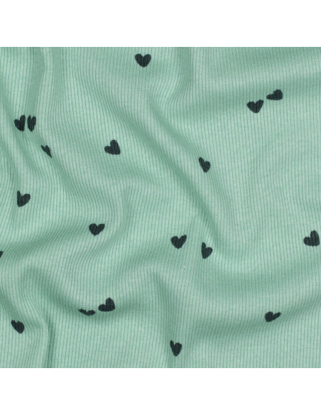 Tissu jersey coton maille côtelé - Cœurs sage
