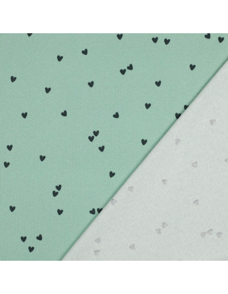 Tissu jersey coton maille côtelé - Cœurs sage