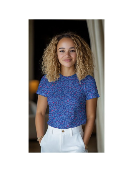 Tissu jersey coton maille côtelé - Léopard cobalt