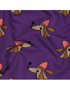 Tissu sweat molleton chien et cœurs - Violet