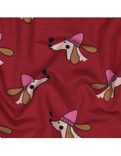 Tissu sweat molleton chien et cœurs - Rouge