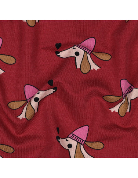 Tissu sweat molleton chien et cœurs - Rouge