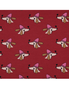 Tissu sweat molleton chien et cœurs - Rouge 2