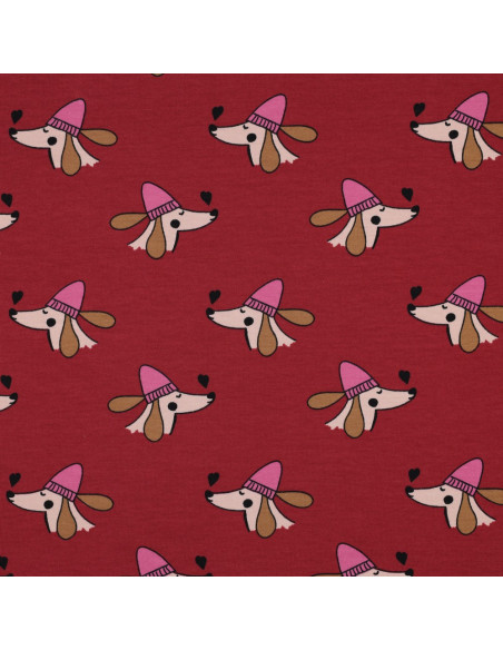 Tissu sweat molleton chien et Coeurs - Rouge