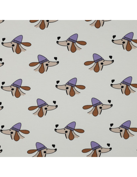 Tissu sweat molleton chien et coeurs - Blanc cassé