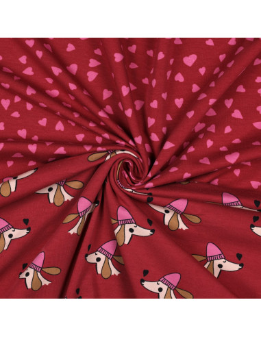 Tissu sweat molleton rouge - Coeurs rose