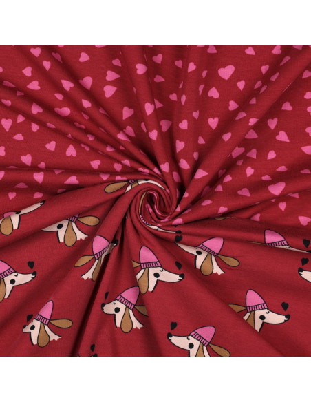 Tissu sweat molleton rouge - Coeurs rose