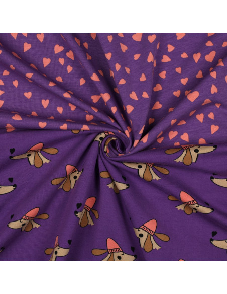 Tissu sweat molleton violet  - Coeurs corail