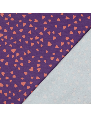 Tissu sweat molleton violet  - Coeurs corail