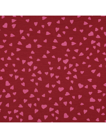 Tissu sweat molleton rouge - Coeurs rose