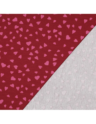 Tissu sweat molleton rouge - Coeurs rose