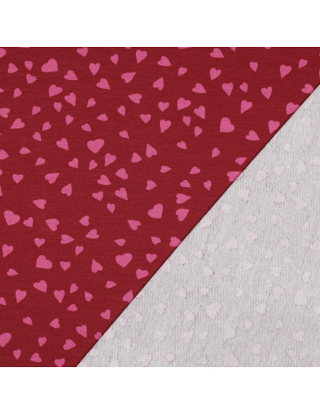 Tissu sweat molleton rouge - Coeurs rose