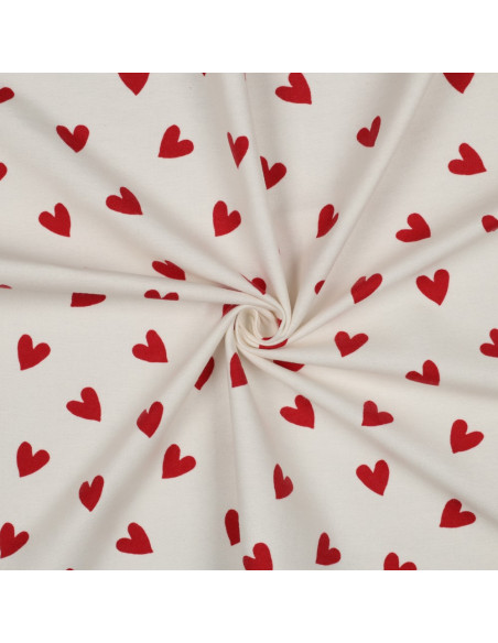 Tissu flanelle blanc cassé - Cœurs rouge