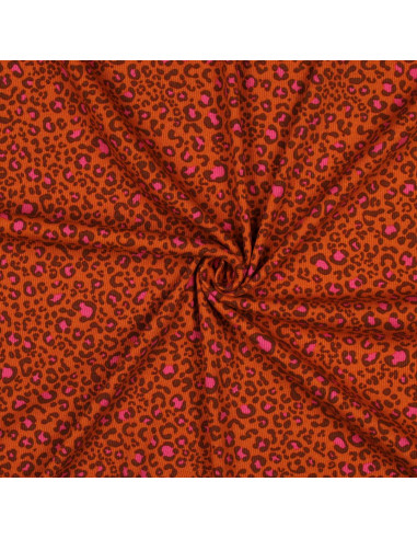 Tissu jersey coton maille côtelé - Léopard orange