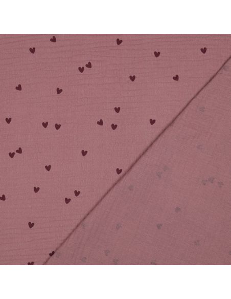Tissu double gaze imprimé - Cœurs rose sur fond vieux rose foncé