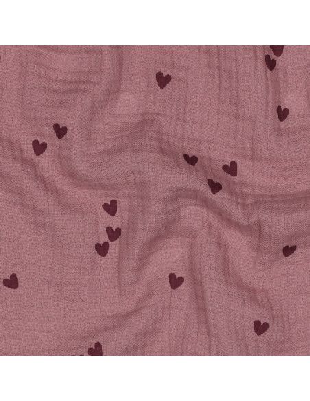 Tissu double gaze imprimé - Cœurs rose sur fond vieux rose foncé