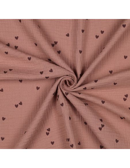 Tissu double gaze imprimé - Cœur mocha sur fond marron
