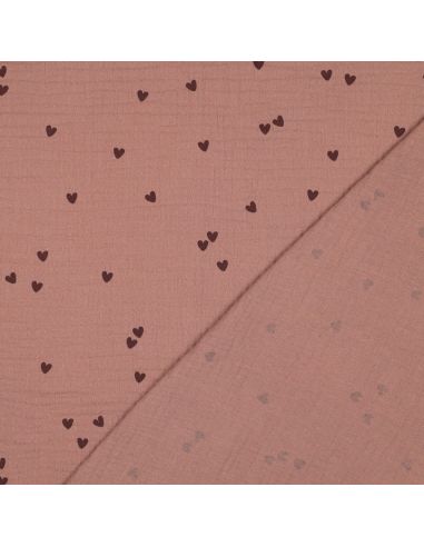 Tissu double gaze imprimé - Cœur mocha sur fond marron