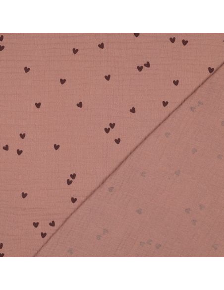Tissu double gaze imprimé - Cœur mocha sur fond marron
