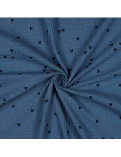 Tissu double gaze imprimé - Cœur noir sur fond bleu