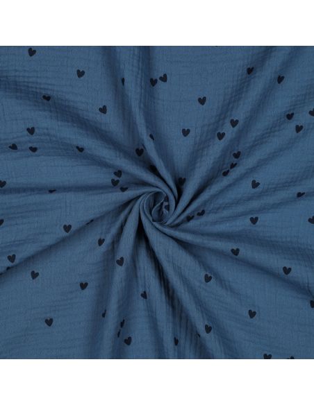 Tissu double gaze imprimé - Cœur noir sur fond bleu