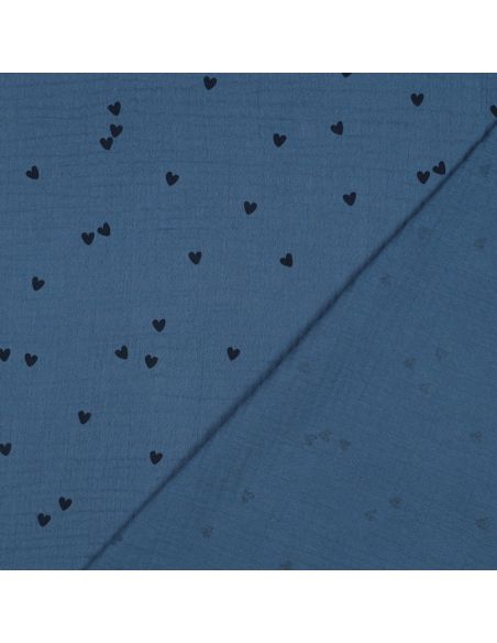 Tissu double gaze imprimé - Cœur noir sur fond bleu