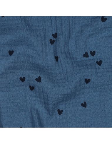 Tissu double gaze imprimé - Cœur noir sur fond bleu