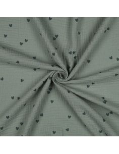 Tissu double gaze imprimé - Cœur vert foncé sur fond vert
