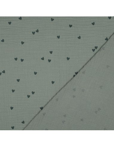 Tissu double gaze imprimé - Cœur vert foncé sur fond vert