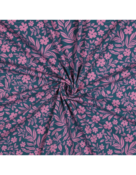 Tissu jersey fleurs - Rose sur fond bleu pétrole