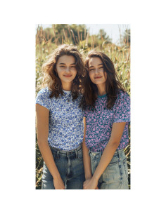 Tissu jersey fleurs - Rose sur fond bleu pétrole 2
