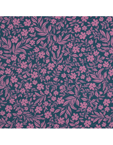 Tissu jersey fleurs - Rose sur fond bleu pétrole