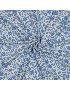 Tissu jersey fleurs - Bleu sur fond blanc