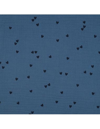 Tissu double gaze imprimé - Cœur noir sur fond bleu