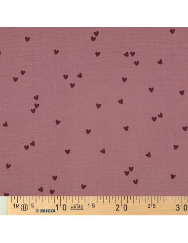 Tissu double gaze imprimé - Cœurs rose sur fond vieux rose foncé