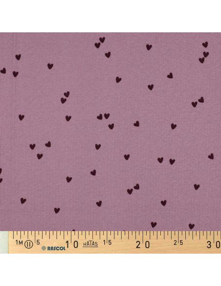 Tissu jersey coton maille côtelé - Cœurs mauve