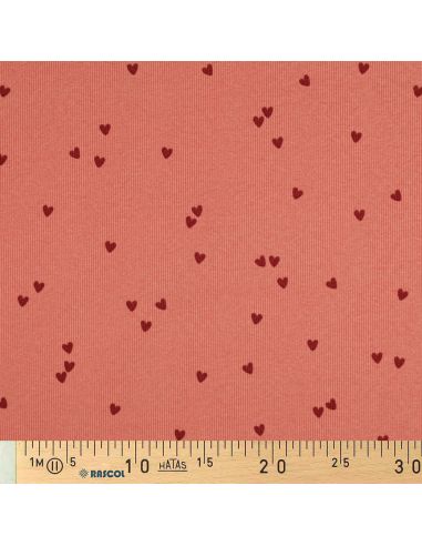 Tissu jersey coton maille côtelé - Cœurs corail
